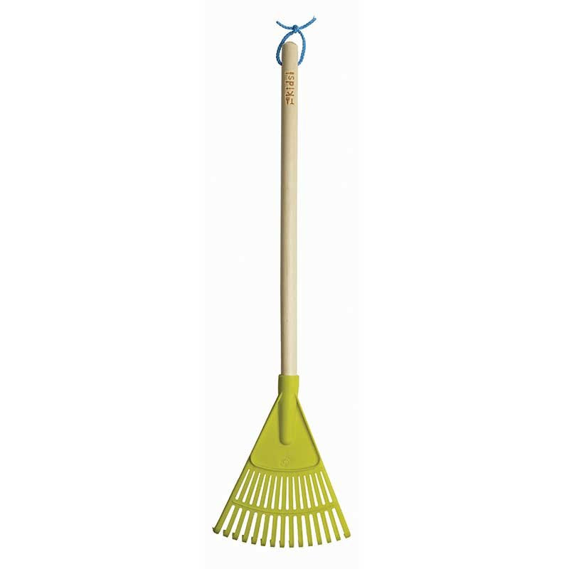 Green plastic leaf rake with natural wooden handle and blue rope loop hanger for children's gardening
