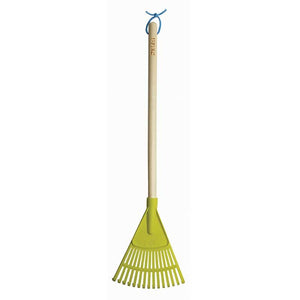 Green plastic leaf rake with natural wooden handle and blue rope loop hanger for children's gardening