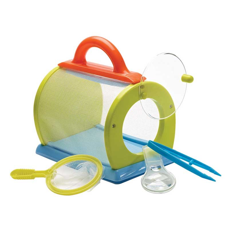 Colorful children's bug observation kit with lime green and blue mesh habitat box, red carrying handle, yellow net, blue tweezers, clear collection container, and hanging fishing rod toy for catching and observing insects