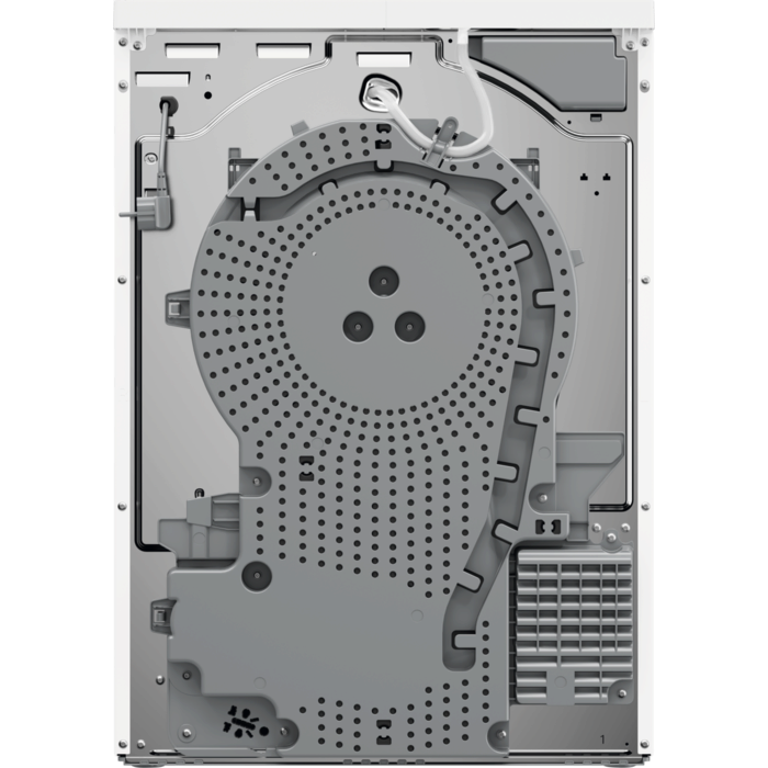 Back view of a washing machine with visible components on a white background