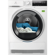 White dryer with clothes inside on a white background