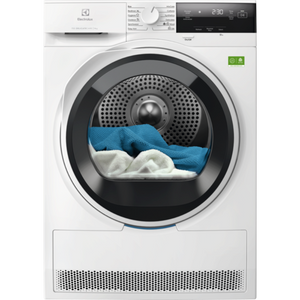 White dryer with clothes inside on a white background