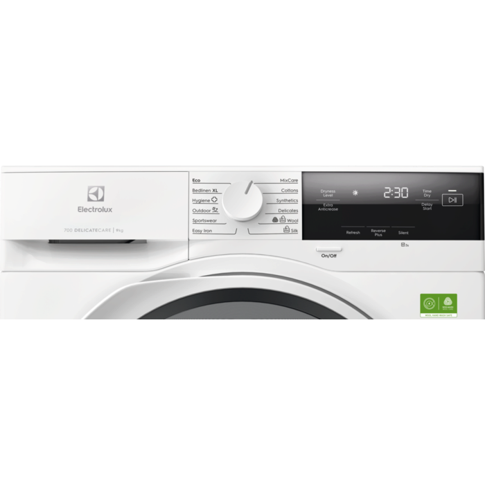 White washing machine with digital display on a white background