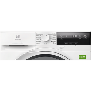 White washing machine with digital display on a white background