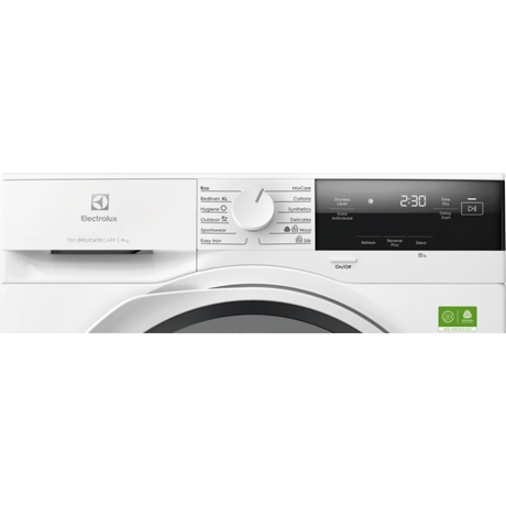 White washing machine with digital display on a white background