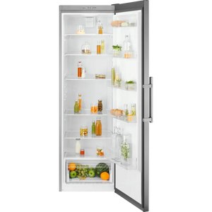 Electrolux 600 Series tall larder fridge in stainless steel with open door displaying multiple shelves stocked with fresh produce, beverages, condiments and groceries