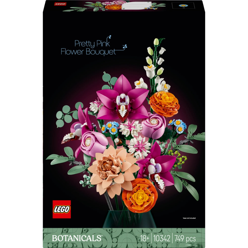 LEGO Botanicals Pretty Pink Flower Bouquet set 10342 featuring colorful constructed flowers including pink orchids, roses, orange ranunculus, white snapdragons, blue daisies, peach dahlia, green eucalyptus foliage and stems, 749 pieces, age 18 plus, displayed against black packaging background