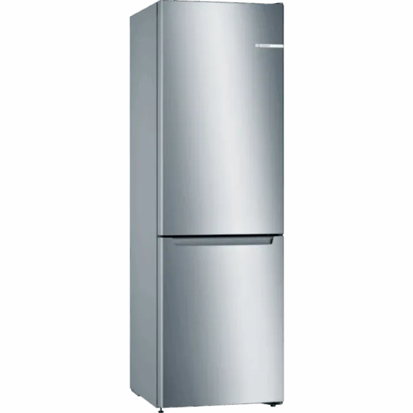 Bosch Series 2 stainless steel fridge freezer with 60/40 split configuration, featuring a silver metallic finish, bottom freezer compartment, and integrated handle on a white background
