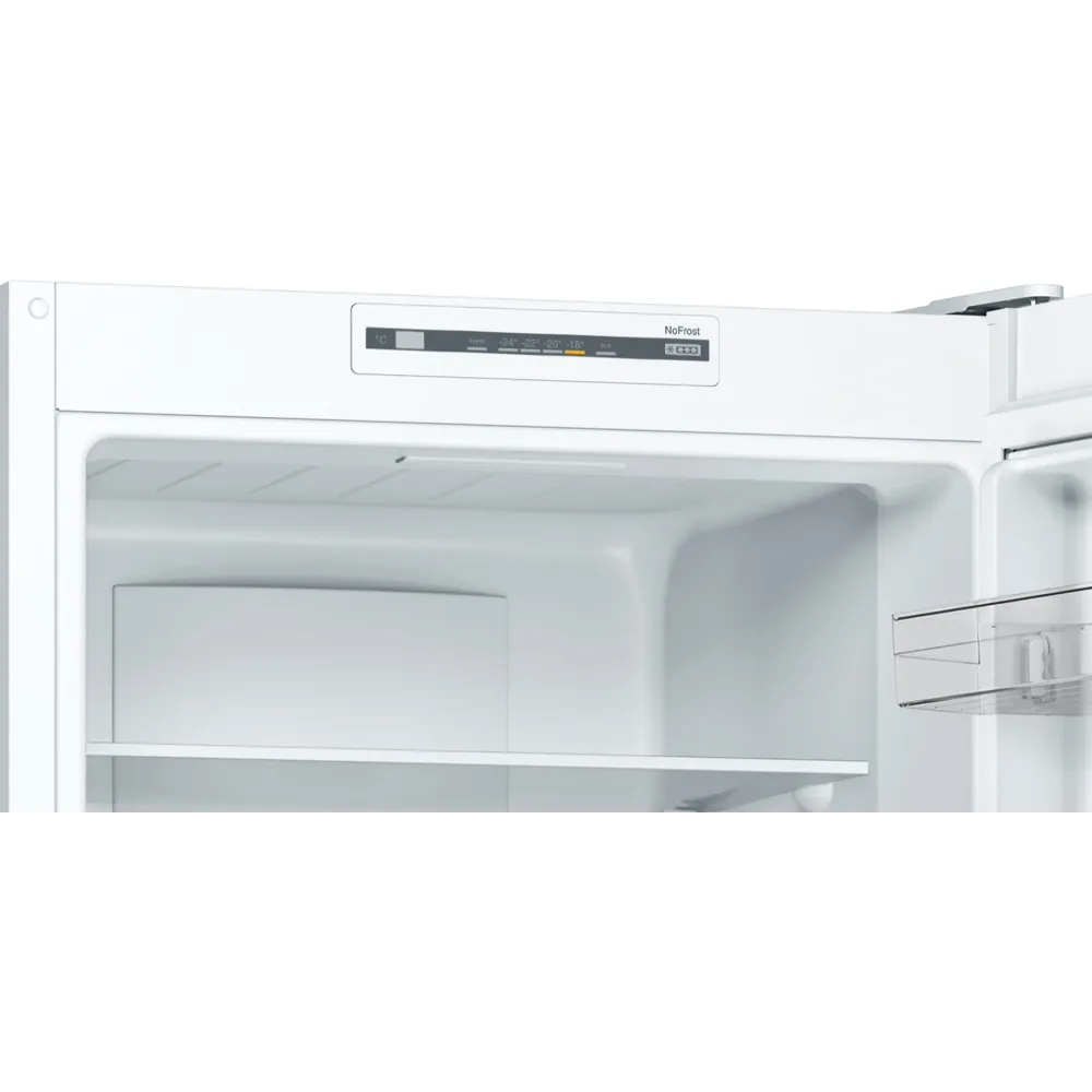 White Bosch Series 2 KGN33NWEBG fridge freezer with NoFrost technology, showing open refrigerator compartment with shelving and digital control panel on top
