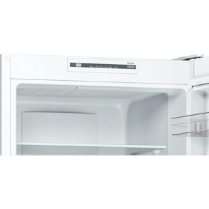 White Bosch Series 2 KGN33NWEBG fridge freezer with NoFrost technology, showing open refrigerator compartment with shelving and digital control panel on top