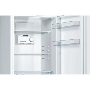 Bosch Series 2 white fridge freezer with open doors showing interior shelving, temperature control panel on left side and glass shelves on right door compartment