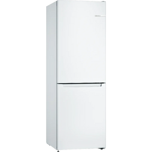 Bosch Series 2 white freestanding 60/40 fridge freezer with bottom freezer compartment and black handle on white background