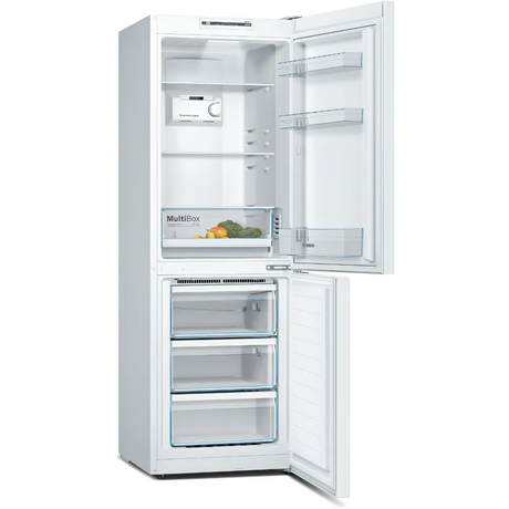 Bosch Series 2 white fridge freezer with open doors showing MultiBox fresh produce drawer, glass shelves in refrigerator, and three clear freezer drawers with blue trim