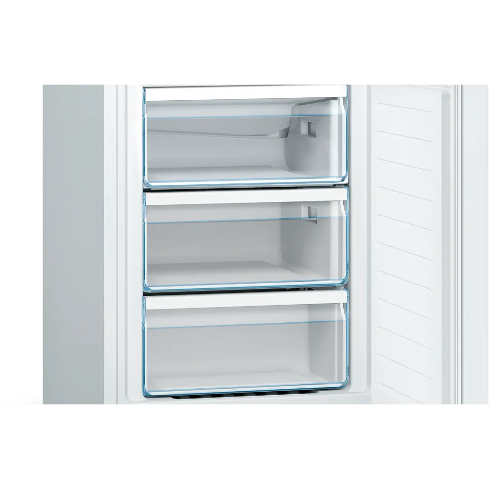 Interior view of Bosch Series 2 white fridge freezer showing three transparent drawer compartments with blue trim and metal handles, displaying spacious storage capacity for frozen foods