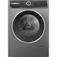Bosch Series 6 grey washing machine with 10kg capacity, 1400 spin speed, front-loading design with large circular dark window, digital control panel with power button and display screen, stainless steel trim accents, and detergent dispenser drawer at bottom