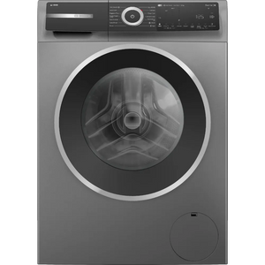 Bosch Series 6 grey washing machine with 10kg capacity, 1400 spin speed, front-loading design with large circular dark window, digital control panel with power button and display screen, stainless steel trim accents, and detergent dispenser drawer at bottom