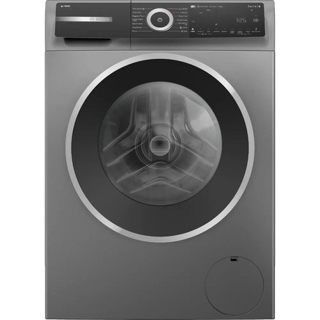 Bosch Series 6 grey washing machine with 10kg capacity, 1400 spin speed, front-loading design with large circular dark window, digital control panel with power button and display screen, stainless steel trim accents, and detergent dispenser drawer at bottom