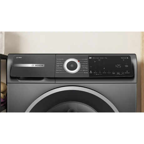 Bosch Series 6 grey front-load washing machine with 10kg capacity, 1400 spin speed, featuring i-DOS technology and digital display control panel with large central dial and touch buttons