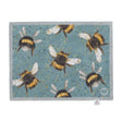 Hug Rug doormat with bee pattern featuring multiple bumblebees in yellow, black and white on a teal blue background, 65cm x 85cm size