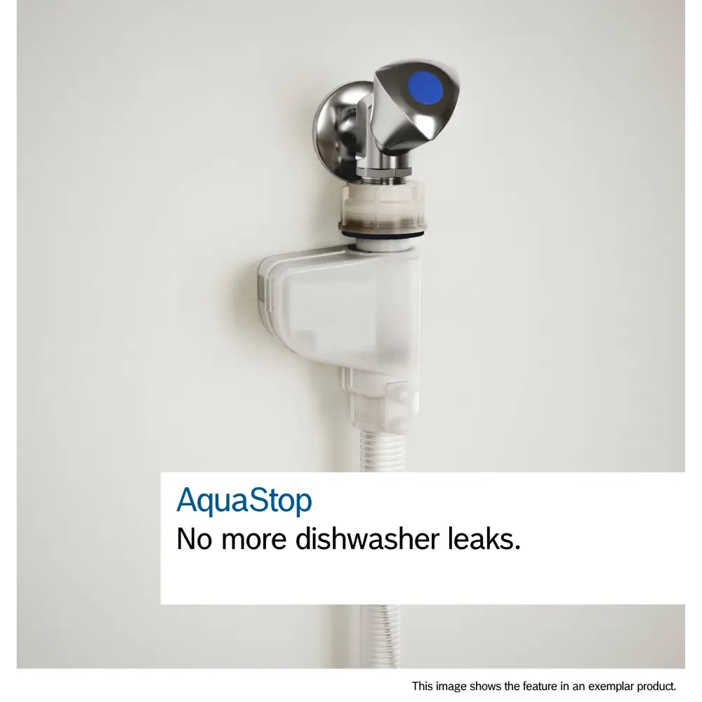 AquaStop water leak protection device with stainless steel valve head and blue indicator, wall-mounted inlet hose connector for Bosch dishwasher preventing leaks