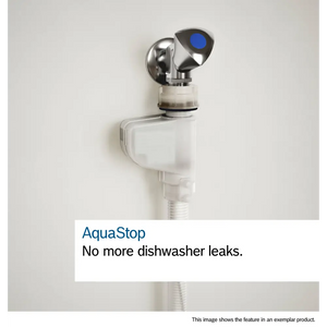 AquaStop water leak protection system featuring chrome metal valve with blue indicator light mounted on white plastic water inlet component for Bosch Series 6 dishwasher
