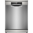 Bosch Series 6 stainless steel freestanding dishwasher 60cm wide with digital display showing 00:40 time, PerfectDry technology, black control panel and chrome handles on brushed metal finish