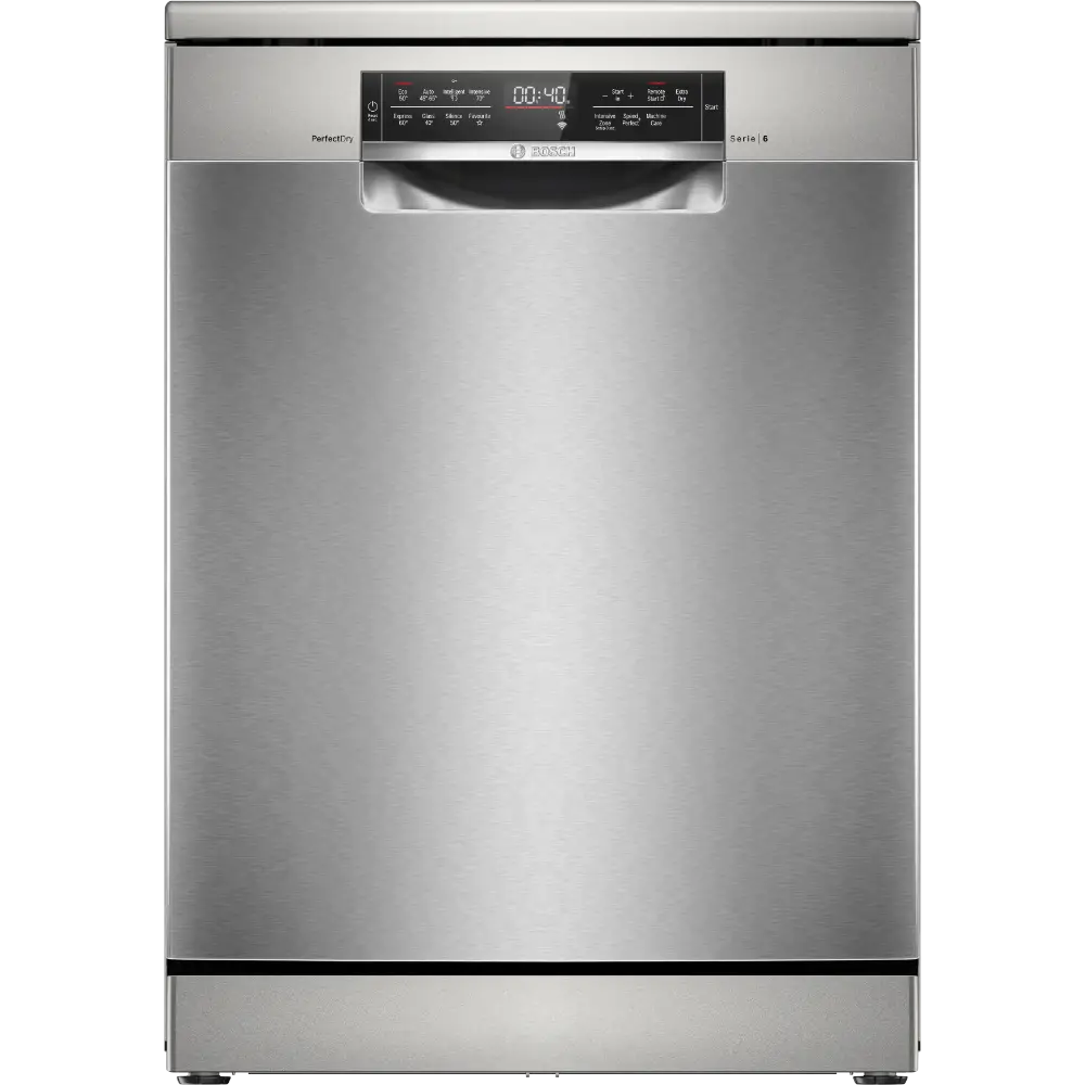 Bosch Series 6 stainless steel freestanding dishwasher 60cm wide with digital display showing 00:40 time, PerfectDry technology, black control panel and chrome handles on brushed metal finish