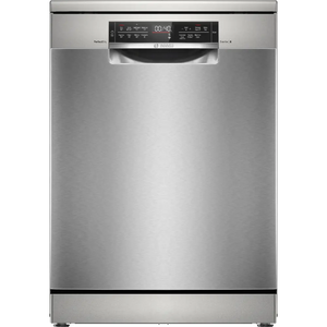 Bosch Series 6 stainless steel freestanding dishwasher 60cm wide with digital display showing 00:40 time, PerfectDry technology, black control panel and chrome handles on brushed metal finish