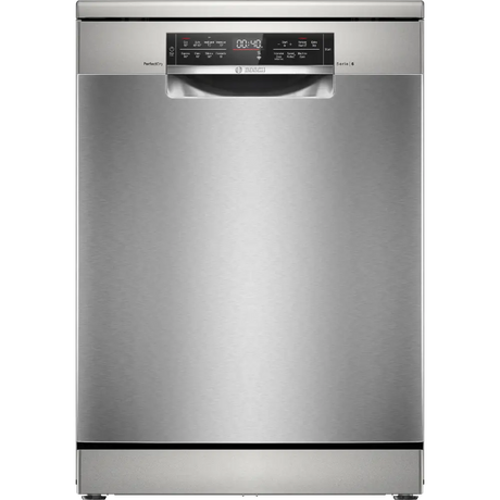 Bosch Series 6 stainless steel freestanding dishwasher 60cm wide with digital display showing 00:40 time, PerfectDry technology, black control panel and chrome handles on brushed metal finish