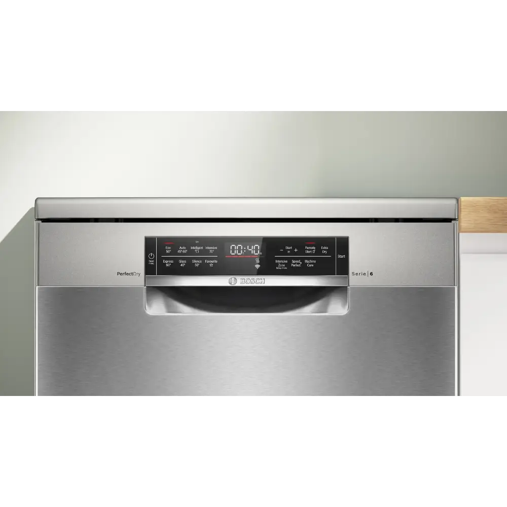 Bosch Series 6 stainless steel dishwasher 60cm wide with PerfectDry technology, digital display showing 00:40 runtime, black control panel with multiple wash programs, integrated into modern kitchen cabinetry with wooden trim