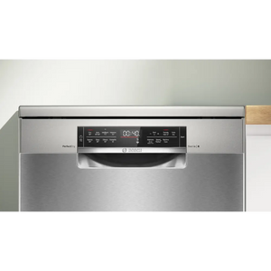 Bosch Series 6 stainless steel dishwasher 60cm wide with PerfectDry technology, digital display showing 00:40 runtime, black control panel with multiple wash programs, integrated into modern kitchen cabinetry with wooden trim