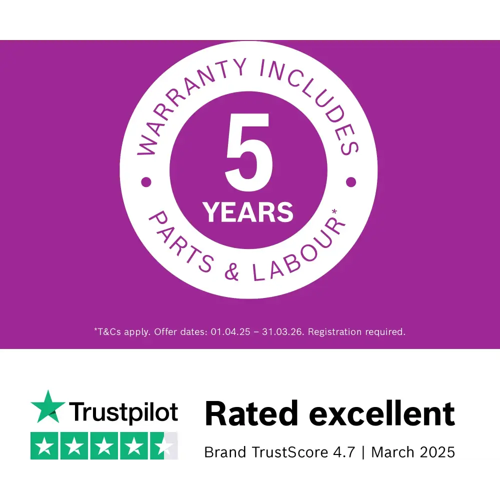 Bosch Series 6 14 Place Dishwasher 60cm in stainless steel with 5-year warranty badge on purple background and Trustpilot excellent rating 4.7 stars March 2025