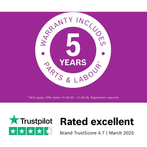 Bosch Series 6 14 Place Dishwasher 60cm in stainless steel with 5-year warranty badge on purple background and Trustpilot excellent rating 4.7 stars March 2025