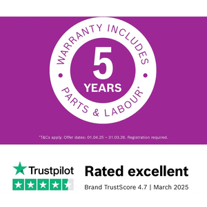 Bosch Series 2 fridge freezer warranty badge showing 5 years parts and labour coverage with Trustpilot excellent rating 4.7 stars March 2025