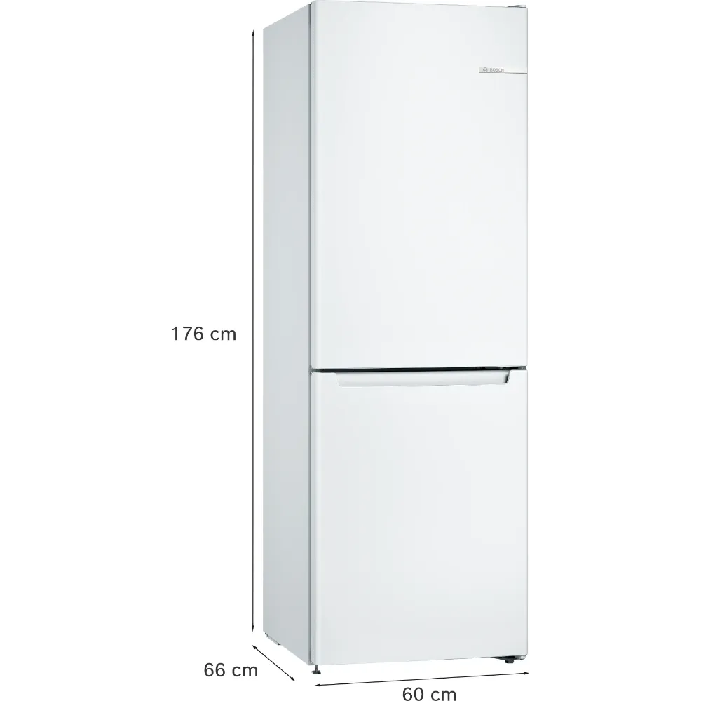 White Bosch Series 2 fridge freezer with 60/40 split doors, 176cm height, 60cm width and 66cm depth, featuring chrome handle and Bosch branding on upper door