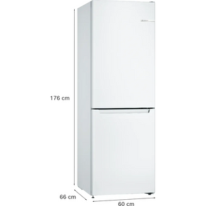 White Bosch Series 2 fridge freezer with 60/40 split doors, 176cm height, 60cm width and 66cm depth, featuring chrome handle and Bosch branding on upper door