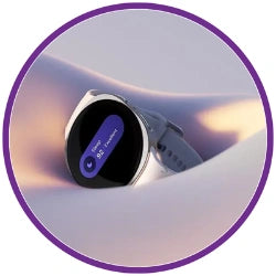 Smartwatch with a purple display on a white background