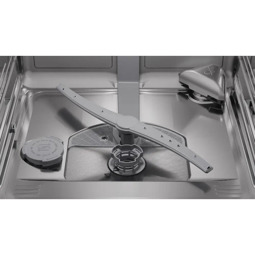 Interior view of Bosch Series 6 stainless steel dishwasher showing 14 place setting capacity with spray arm, filter basket, and wash system components in silver gray finish