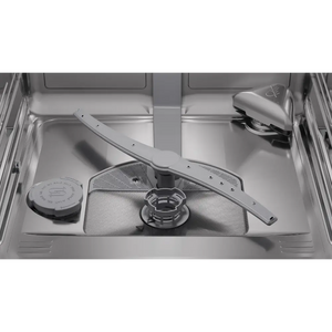 Interior view of Bosch Series 6 integrated dishwasher showing stainless steel drum, upper spray arm, basket rack and accessories including detergent dispenser and rinse aid cap on white interior tub