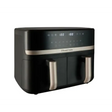 Russell Hobbs Satisfry Dual Basket Air Fryer 9 litre in black with stainless steel handles and trim, featuring digital display showing temperature settings and touch controls on the front panel