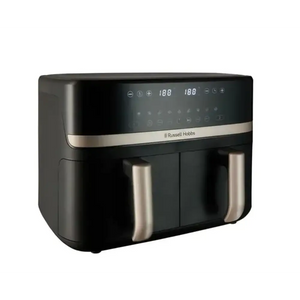 Russell Hobbs Satisfry Dual Basket Air Fryer 9 litre in black with stainless steel handles and trim, featuring digital display showing temperature settings and touch controls on the front panel
