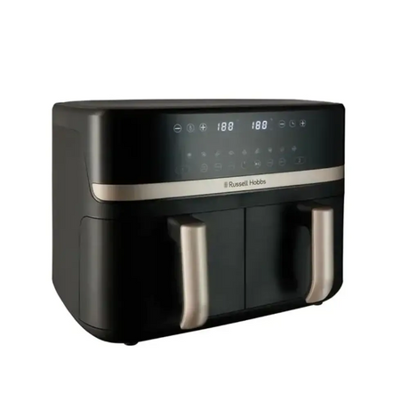 Russell Hobbs Satisfry Dual Basket Air Fryer 9 litre in black with stainless steel handles and trim, featuring digital display showing temperature settings and touch controls on the front panel