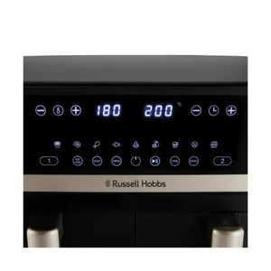 Russell Hobbs Satisfry Dual Basket Air Fryer 9 Litre black control panel with digital display showing 180°C and 200°C temperatures, touch buttons, and function icons