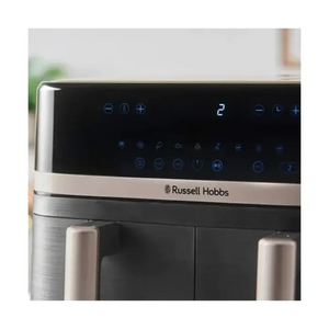 Russell Hobbs Satisfry Dual Basket Air Fryer 9 Litre black and stainless steel model with digital touchscreen display showing number 2 and multiple cooking function icons