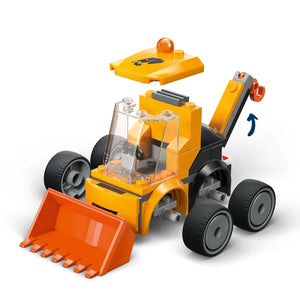 LEGO Rides Construction Loader 60483 set featuring a yellow and orange motorized construction vehicle with articulated arm, orange front bucket loader scoop, four black wheels, transparent cabin, and detachable yellow roof panel with control elements on white background
