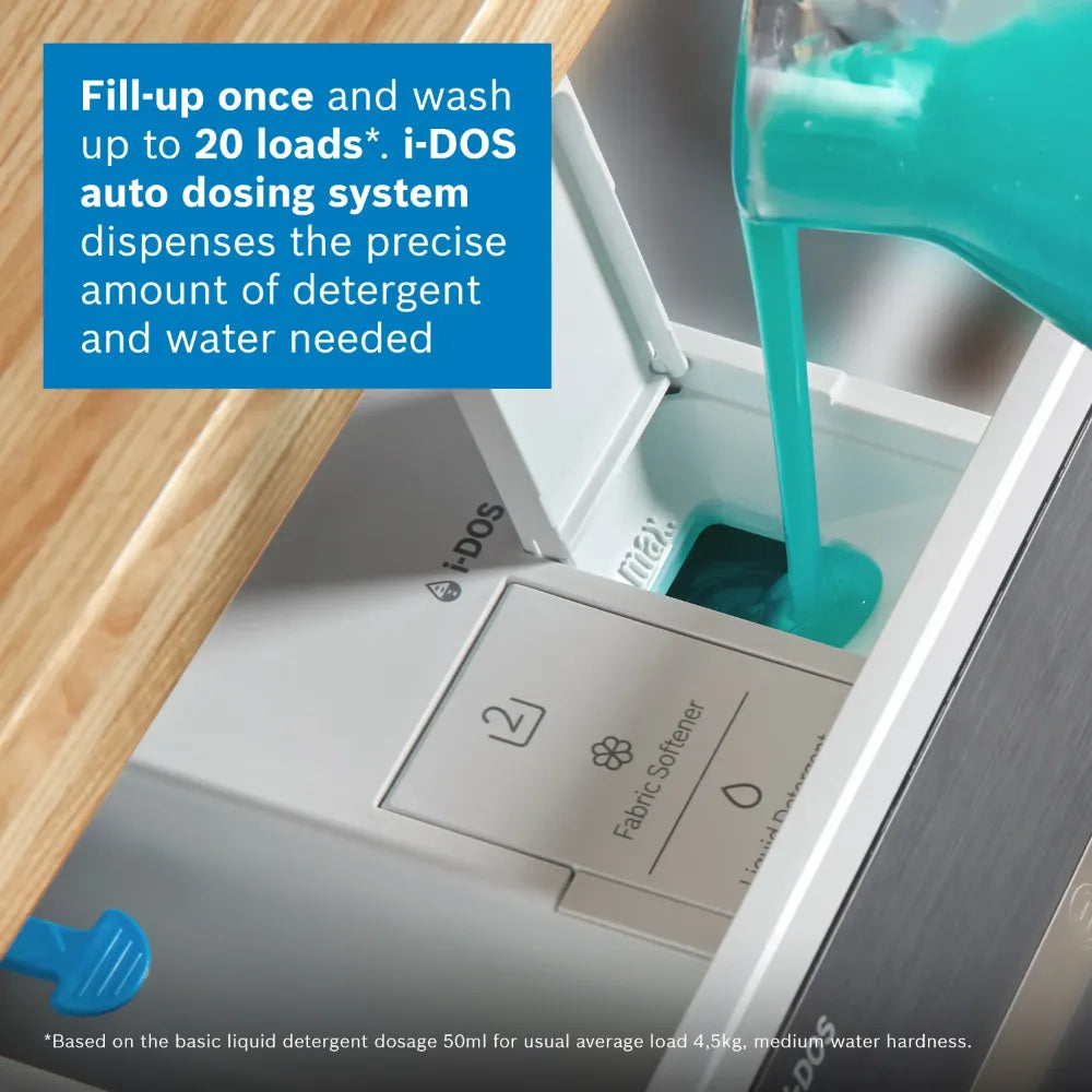 Bosch Series 6 washing machine dosing compartment showing turquoise i-DOS auto detergent dispenser with liquid detergent being poured in, displaying fabric softener and detergent selector dial on white control panel