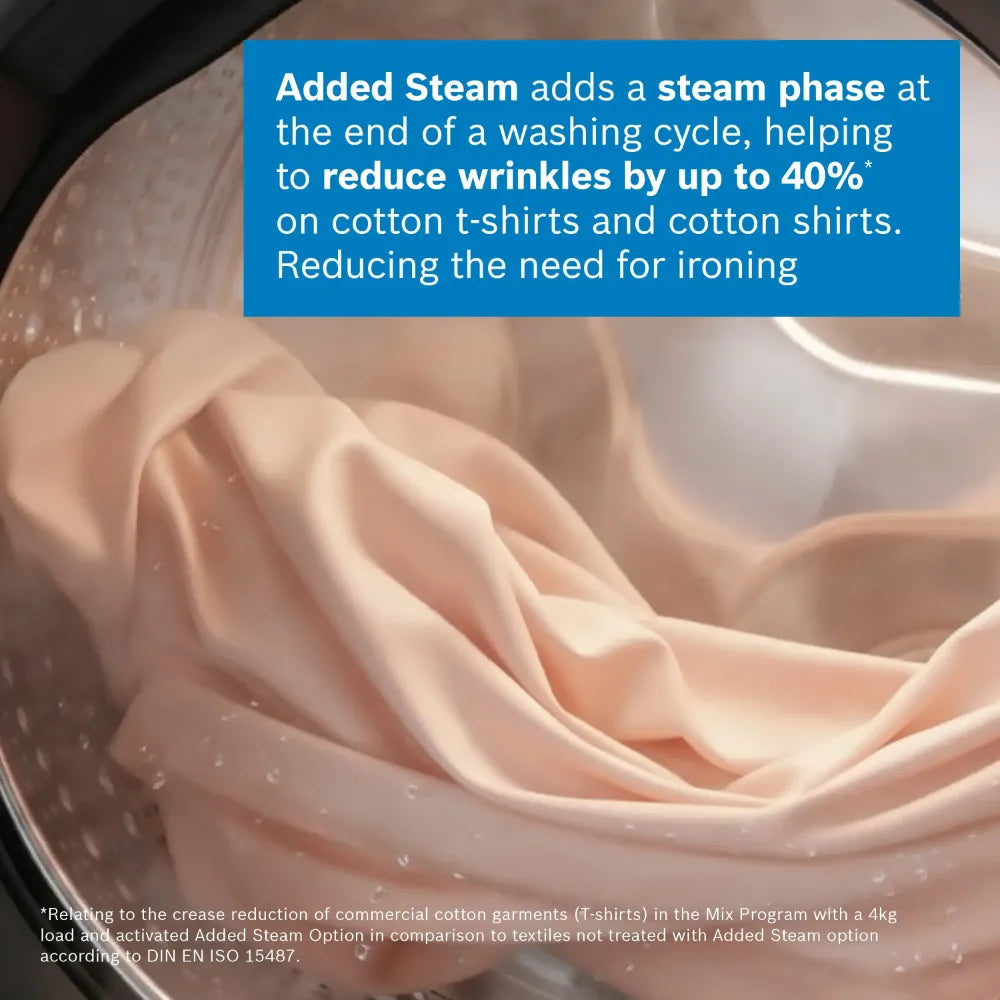 Close-up of pink cotton fabric inside a washing machine drum with water droplets, demonstrating the Added Steam feature that reduces wrinkles by up to 40% on cotton garments