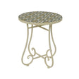 Kaemingk Madrid mosaic side table with gloss cream metal frame and decorative scrolled legs, featuring a round patterned mosaic top in grey, cream and olive tones
