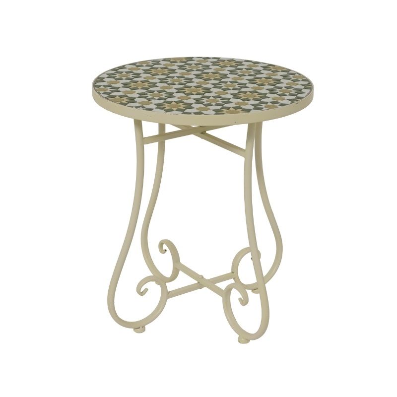 Kaemingk Madrid mosaic side table with gloss cream metal frame and decorative scrolled legs, featuring a round patterned mosaic top in grey, cream and olive tones