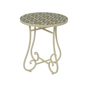 Kaemingk Madrid mosaic side table with gloss cream metal frame and decorative scrolled legs, featuring a round patterned mosaic top in grey, cream and olive tones